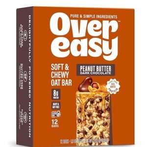 Over Easy Peanut Butter Dark Chocolate Soft and Chewy Oatmeal Breakfast Bars - Granola and Protein Bars - 12 Energy Snack Bars - Clean, Gluten Free, Dairy Free, Soy Free and Kosher