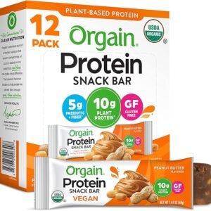 Orgain Organic Vegan Protein Bars, Peanut Butter - 10g Plant Based Protein, Low Calorie Healthy Snacks, No Lactose or Soy Ingredients, Gluten Free, Non-GMO - 1.41 Oz (Pack of 12)
