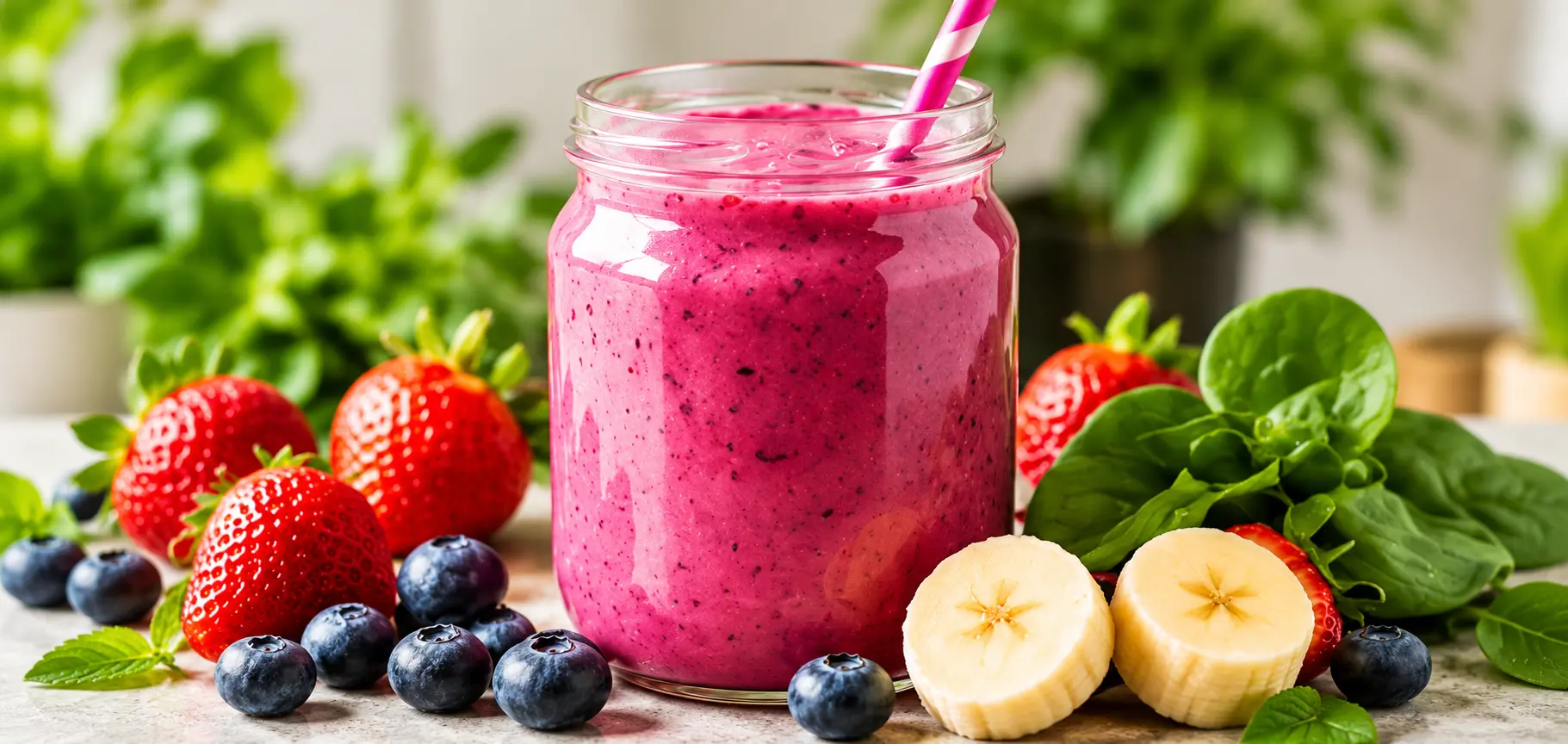 Berry smoothie topped with fresh fruit