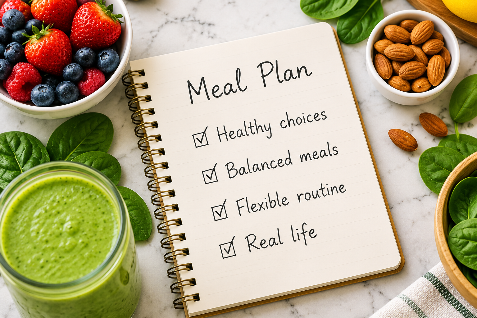 Meal planning notebook with healthy food choices checklist
