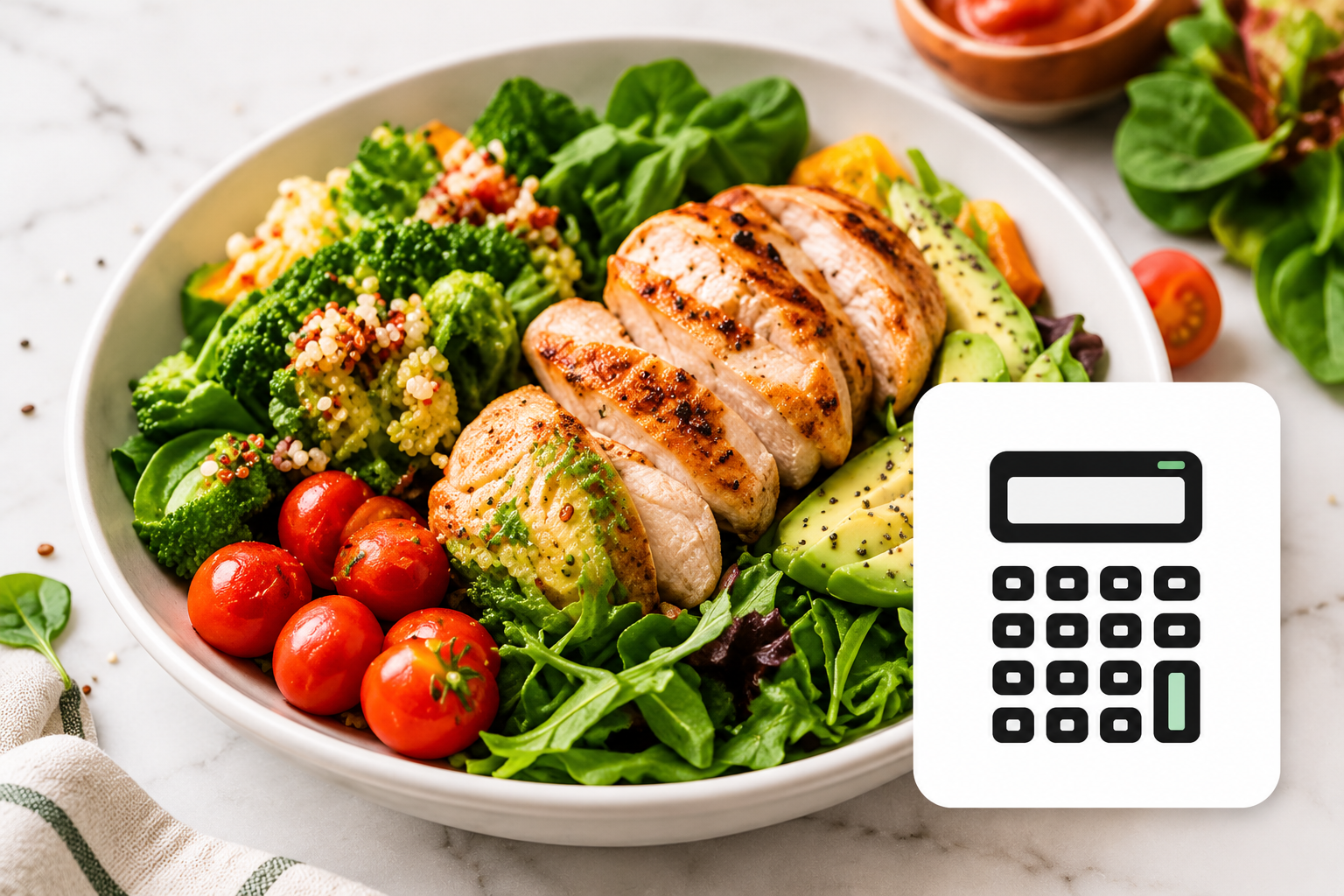 Grilled chicken salad with vegetables and a nutrition calculator